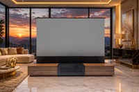 Walnussholz Rechtwinkliger Motorisierter Bodenaufsteigender UST Laser-TV Heimkino-Schrank mit ALR-Bildschirm-Kombination 100-Zoll Anti-Licht