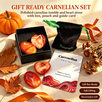 Ensemble cadeau de pierres de palmier en cornaline naturelle (cœur et ovale) avec boîte, pochette et carte d'information – Kit de pierres de méditation Reiki pour la guérison et la relaxation