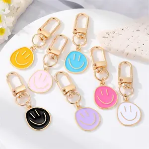 Cute Bag Accessories Yellow Pink Blue Black Enamel Metal Happy Smiley Face Keychain For Women