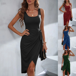 2026 Commuter Style Square Neck Sleeveless Dress Summer New Irregular Hooded Solid Color Middle <b>Skirt</b> - Product Image 2