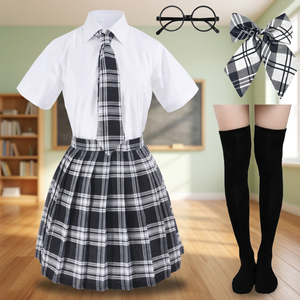 Conjunto de uniforme escolar japonés para mujer adulta, falda plisada de tartán, camisa blanca, corbata, lazo, gafas, calcetines hasta la rodilla - Product Image 3