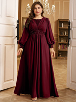 Robe de soirée maxi tendance pour femmes grandes tailles, couleur unie, col rond, manches lanternes, avec décoration en sequins plissés sur le devant