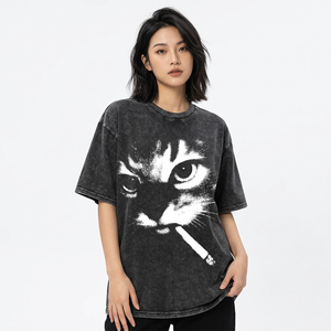 เสื้อสตรีทแวร์คุณภาพสูงสั่งทำพิเศษ ลายกราฟิกแมวดำสูบบุหรี่ ผ้าคอตตอน 100% หนัก 280GSM ทรงหลวม ซักย้อมแบบวินเทจ - Product Image 2