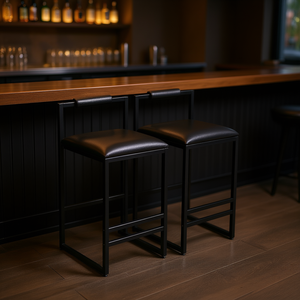 Ensemble de 2 tabourets de bar noirs en cuir PU avec dossier, structure en métal, design moderne pour usage commercial - Product Image 2