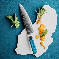 Couteau de chef en acier Damas de 8 pouces, 129 couches, ultra-affûté, couteau de chef moderne en acier Damas, pour la cuisine, avec manche en résine bleue