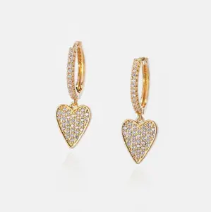 Delicate Lady Fashion Jewelry Gold Small Zirconia Pendant Drop Mini huggie Hoop Pave CZ Heart Earrings