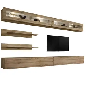 High glossy UV board wall mounted tv stand floating entertainment center with led lights