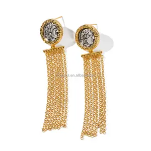 SANKYLIN French new light luxury creative design sense ancient coin fringe 925 silver needle earrings earrings female