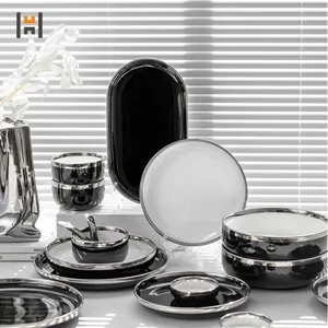 Nordic Modern Ceramic Dinnerware Porcelana Placas Bowls Set Preto com Sliver Rim Restaurantes Atacado