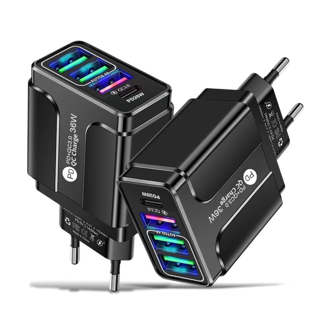 Hot Original Quality 36W PD 3USB +1 Type C Charger Quick Charge 4 Ports QC 3.0 Phone Charger for Mobile Phone Fast Wall Charger