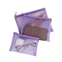 Vente en gros 3 en 1 Pochette en maille transparente bon marché Organisateur de pinceaux de maquillage Ensemble promotionnel de 3 pièces Mini pochette à cosmétiques à fermeture éclair en maille