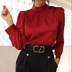 Blusa de satén de manga larga con cuello levantado para mujer, ropa de trabajo con estampado elegante