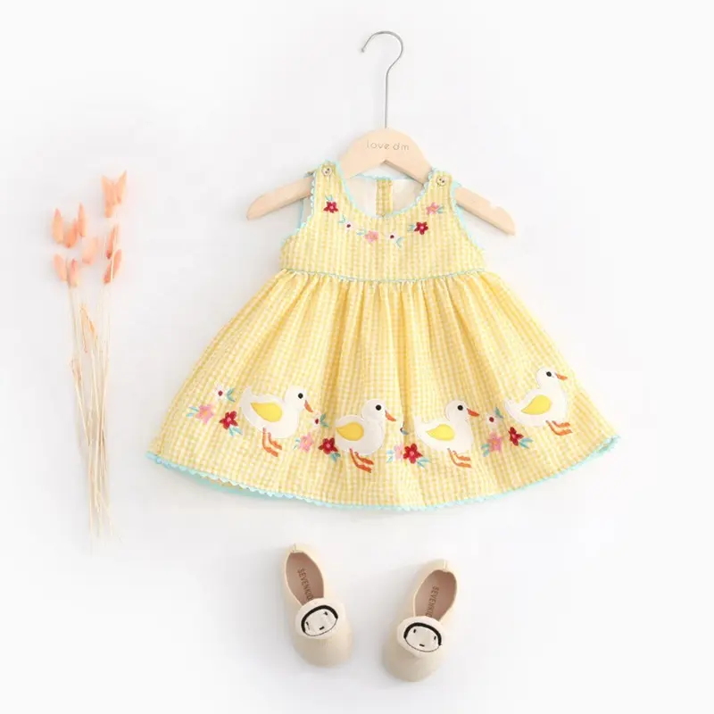 204329 Sommer Baby Mädchen Kleid gelb karierte Stickerei Baumwolle Kinder kleidung Großhandel Kinder kleidung