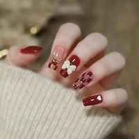 Faux ongles à presser à couverture complète, forme amande, avec pointe française courte effilée et motif papillon, avec colle pour doigts (ABS), longs