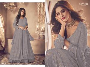 Robe lourde en fausse Georgette et broderie Santoon Noor Gold Anarkali Salwar Kameez pour femmes d'Inde - Product Image 5