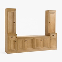 Farmhouse Oak Entertainment Center dengan Pintu Beadboard, Rak TV dengan Lemari Buku & Laci Samping, Konsol Media dengan Perangkat Keras Hitam