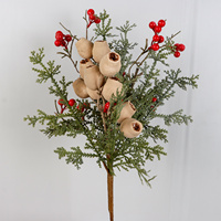 Bouquet de Noël Artisanal Artificiel Baies Rouges Feuilles de Cèdre Vertes Tiges Complètes Style Européen pour Couronnes Florales