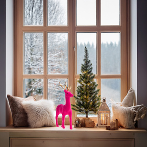 Figurine de renne rose floqué fantaisie avec bois de cerf dorés, en plastique et velours, pour décoration de table et présentation festive - Product Image 5