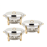 Ensemble de réchauds de luxe modernes en acier inoxydable avec poignées dorées, compatibles lave-vaisselle/micro-ondes, avec support pour mariages, traiteurs et restaurants