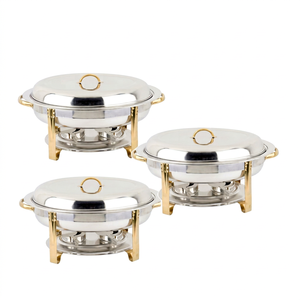 Ensemble de réchauds de luxe modernes en acier inoxydable avec poignées dorées, compatibles lave-vaisselle/micro-ondes, avec support pour mariages, traiteurs et restaurants - Product Image 1