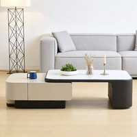 Table basse moderne de luxe avec plateau en pierre microcristalline, placage bois, finition laquée, tiroir de rangement pour salon