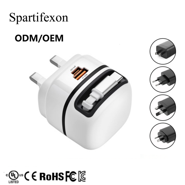 65W Fast Charging Mobile Phone Charger with EU/UK Plugs and Dual Built-in Charging Cables Fast Charger