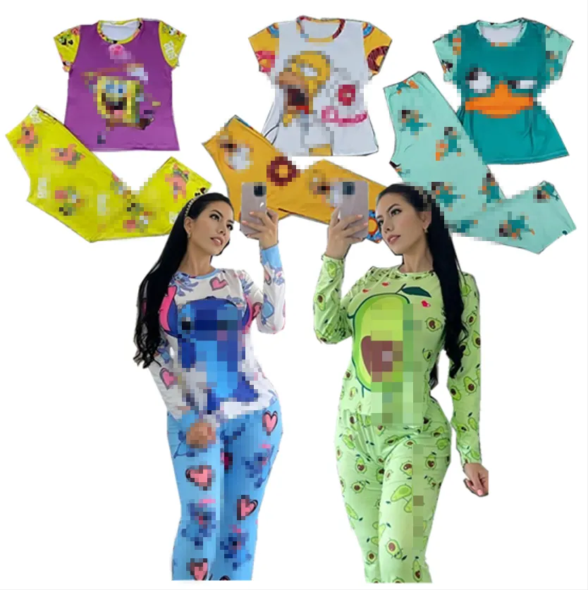 Conjunto de personagem de desenho animado, duas peças, calças, roupa de dormir, conjunto curto, pijama, vestidos de noite para mulheres, venda imperdível