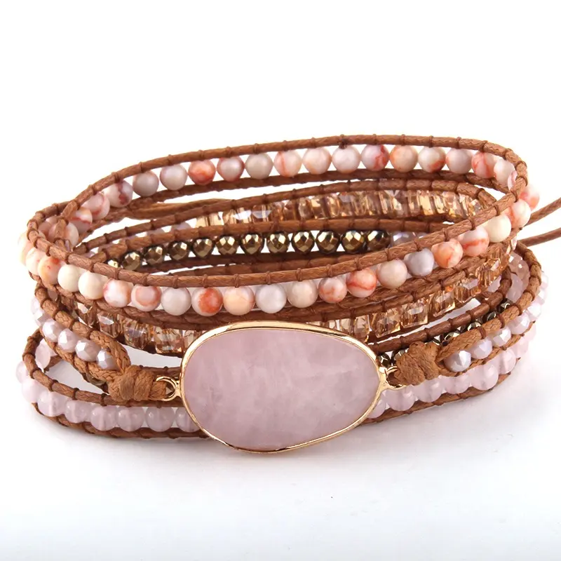 Fashion Beaded Jewelry Handmade Mixed Natural Stones Crystal Pink Quartz Stone Charm 5 Strands Wrap Bracelets