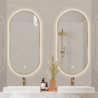 Cermin Kamar Mandi Oval LED Backlit Bingkai Emas Jam Digital Kontrol Sentuh untuk Hotel Vanity Powder Room Dekorasi Rumah Grosir
