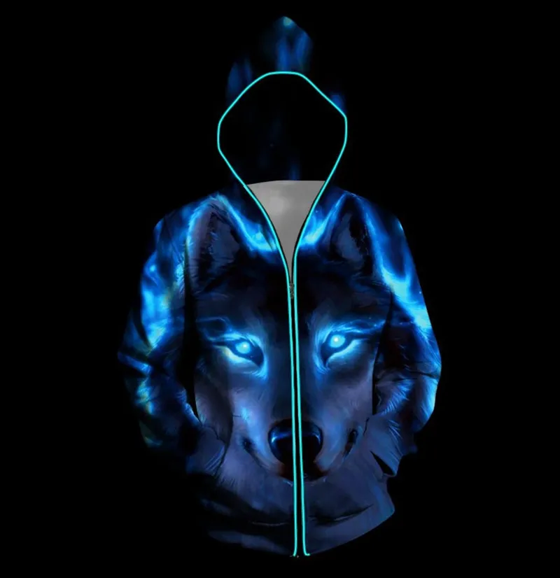 Fashion High Collar Personalised Custom Made 3M 100% Polyester Reflective Wolf Graphic Zip-Up Hoodies