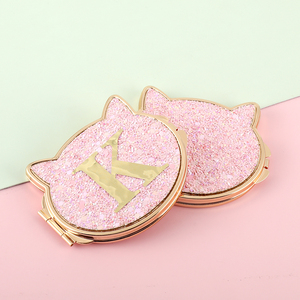 Wholesale Custom Logo Personalised Alphabet Letter Glitter Cat Ear <b>Compact</b> <b>Mirror</b> Gold Plated Side Folding Double Sided <b>Mirror</b> - Product Image 1