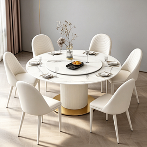 โต๊ะรับประทานอาหารหินเผาพร้อมถาดหมุนแบบ Lazy Susan, ฐานทรงกระบอกสีขาวลายร่อง, เก้าอี้รับประทานอาหารหุ้มหนัง PU สีขาวลายคลื่น - Product Image 1