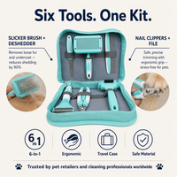 Kit de toilettage pour animaux de compagnie 6-en-1, brosse autonettoyante, outils de coupe sûrs, étui portable pour chats et chiens