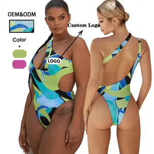 2021新款小腹控制泳衣一件单肩比基尼图形泳衣设计师