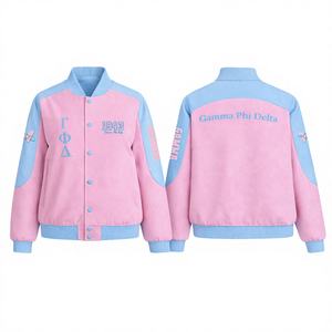Chaqueta de sarga de algodón estilo carreras Gamma Phi Delta GPD Sorority, ropa griega, chaqueta de carreras con cuello alto y bloques de color para hermandades - Product Image 1
