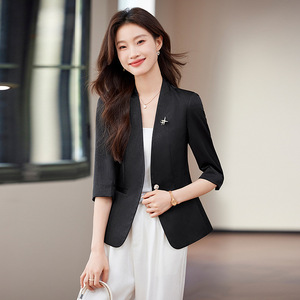 Pink Three Quarter Sleeve Blazer For Women Summer Thin Collarless Slim Fit Elegant Casual Solid Color Polyester Breathable - Product Image 3