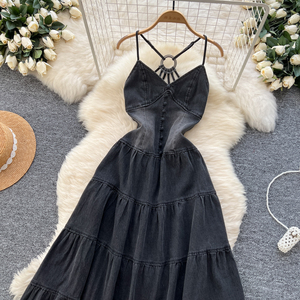 Vestido vaquero maxi casual de verano para mujer, sin mangas, con cuello de lazo, corte ajustado, espalda descubierta, negro, ecológico - Product Image 4