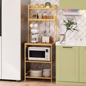 Étagère de cuisine en bambou durable Trironsun à 5 niveaux, à fixer <span class=keywords><strong>au</strong></span> <span class=keywords><strong>mur</strong></span>, avec étagères ouvertes et 10 crochets en forme de S, rangement utilitaire pour la cuisine (Nature) - Product Image 2