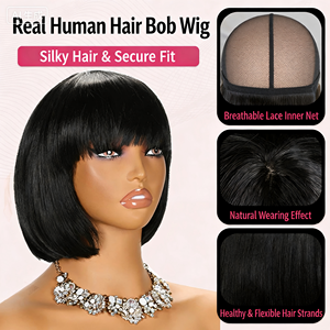 Parrucca Bob 180% Naturale Nera Completamente Realizzata a Macchina con Frangia Piatta Spessa, 100% Capelli Umani Veri, Design Senza Colla per lo Styling Quotidiano Femminile - Product Image 2