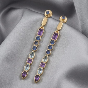 Pendientes de Lujo de Latón Chapado en Oro con Múltiples Piedras, Amatista, Topacio Azul, Iolita, Joyería Larga para Mujer para Oficina y Fiestas - Product Image 2
