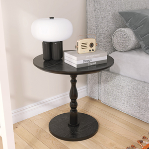 Tavolino Rotondo Nero da 23 Pollici con Gambe in Legno Massello, Tavolino Moderno per Piccoli Spazi, Comodino - Product Image 6