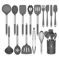 CATHYLIN Ensemble d'ustensiles de cuisine 14 pièces en silicone et acier inoxydable : cuillère, spatule, brosse, fouet, cuillère à spaghetti