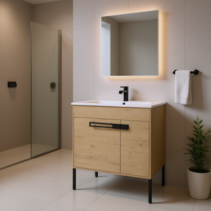 Mueble de Baño de 30 Pulgadas con Gabinete de Imitación de Madera de Roble y Lavabo de Cerámica, Diseño Moderno Independiente - Product Image 2