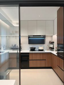 Gabinetes de Cocina Modernos en Forma de L, Bicolor <span class=keywords><strong>Blanco</strong></span> y Madera Veteada, Juego de Gabinetes de Cocina Modulares de Madera, Personalizados - Product Image 2