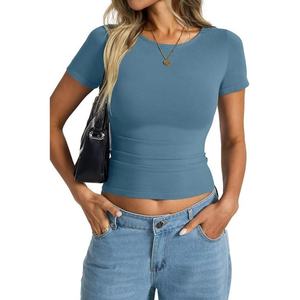 Camiseta de Verano para Mujer al por Mayor, Personalizada, Ajustada, de Algodón, Cuello Redondo, Estampado de Arcoíris, Tela de Lona, Estilo Casual, Camiseta de Nailon para Mujer - Product Image 3