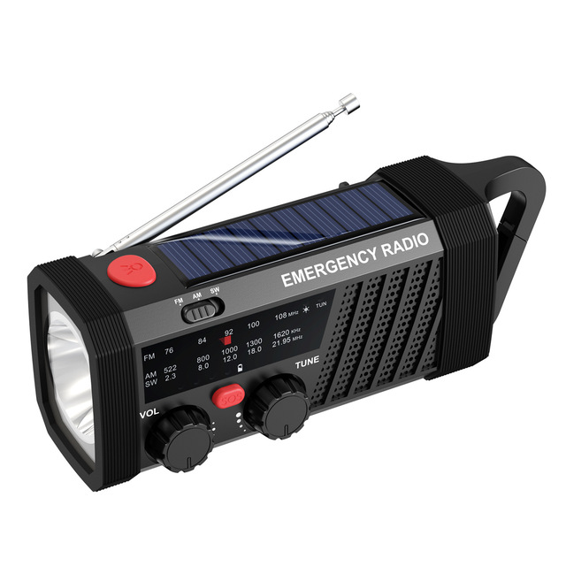 Emergency Radio with SOS Alarm AM/FM/SW & Flashlight. Plastic 2000mAh Battery & Solar/Hand Crank Charging for Outdoor Survival