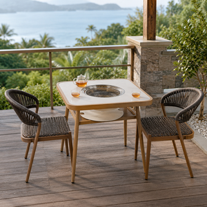 Ensemble de salle à manger d'extérieur commercial FLD1020 avec foyer, 2 chaises en corde tressée, <span class=keywords><strong>table</strong></span> de patio en métal imperméable pour mobilier d'extérieur - Product Image 1