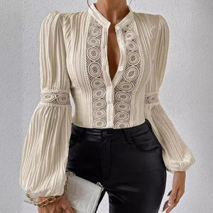 Women's Lace <b>Patchwork</b> Lantern Sleeve Solid Color Stand-up Collar <b>Shirt</b> Fashion - Product Image 5