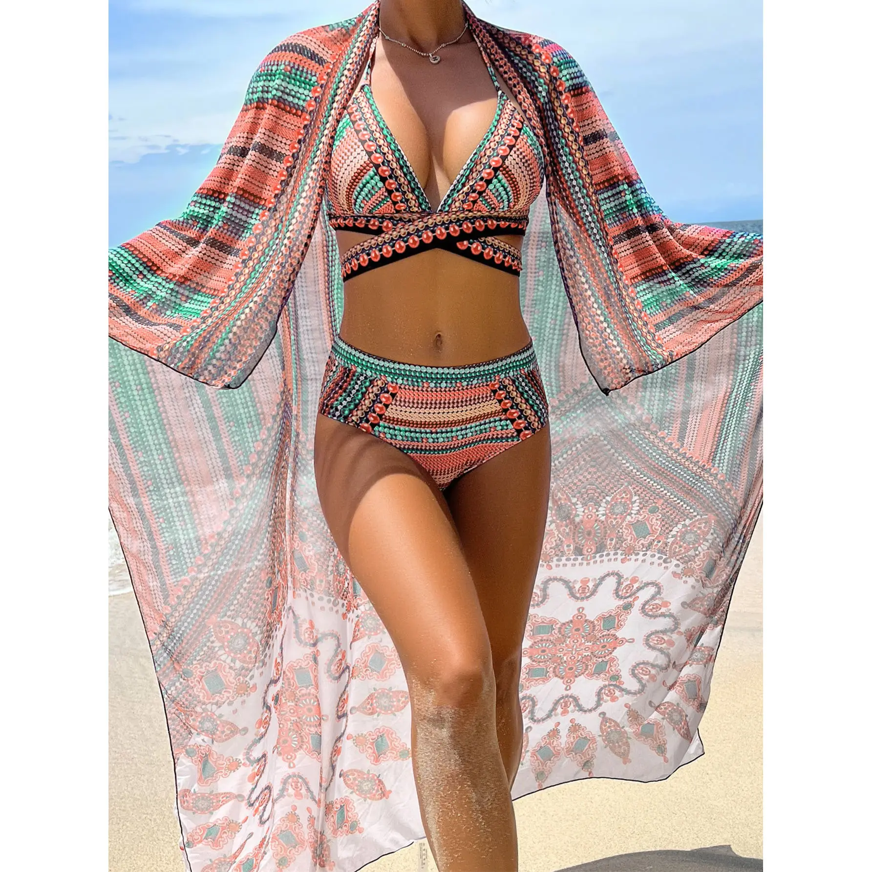 Pakaian pantai musim panas syal cetak baju renang cetak Halter segitiga baju renang Bikini dengan Kimono