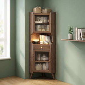 Modern Wood <b>Corner</b> Bookcase With Glass Doors 3 Shelves <b>Storage</b> <b>Unit</b> For Home Office Living Room Furniture - Product Image 4